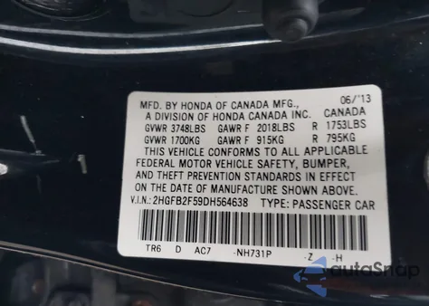 2013 Honda Civic Lx from USA, damaged, VIN 2HGFB2F59DH564638